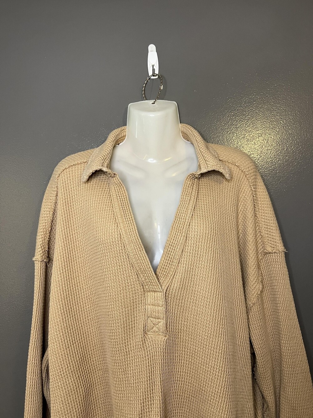 Aerie Shirt Womens XL Beige Collared Long Sleeve Thermal Waffle Knit Tunic Top
